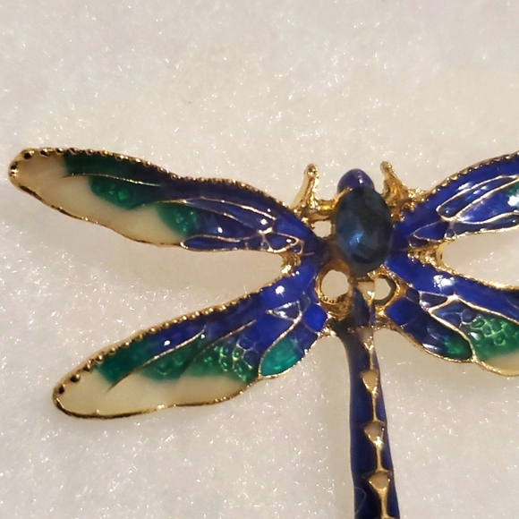 Dragonfly Blue Green Cloisonné Gold Tone Pin Brooch - Picture 5 of 6